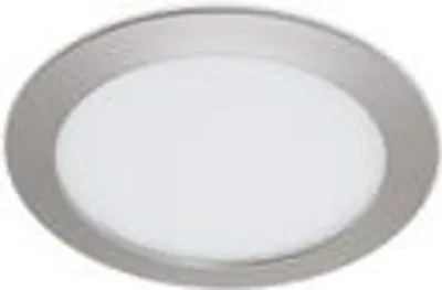 A round, flat LED ceiling light with a silver metal rim and a white diffuser.