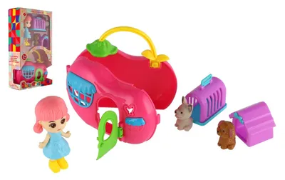 Image de Poupée avec une petite maison et deux animaux de compagnie, en plastique avec accessoires, dans une boîte de 14 x 24 x 6 cm