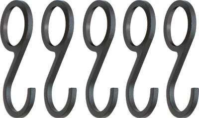 Five black S-hooks are arranged in a row against a white background.