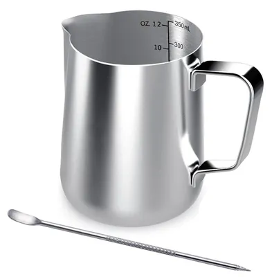 Produktbild von Milchkanne 350 ml - Edelstahl, Handheld, mit Maßmarkierung und Latte Art Pen