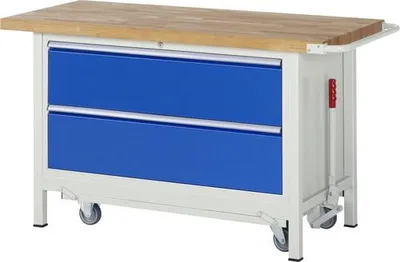 Produktbild von Mobile absenkbare Werkbank, 2 XXL Schubladen - Vollauszug - 270:2 - 880 x 1.500 x 700 mm (HxBxT) - Traglast 1.250 kg - Buche
