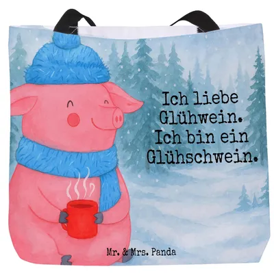 Produktbild von Mr. & Mrs. Panda Schultasche Schwein Glühwein Design - Weiß - Geschenk, Punsch, Stoffbeutel, Strandtasche, Weihnachten, Reisetasche, Tasche, Glühschwein, Weihnachtsmarkt