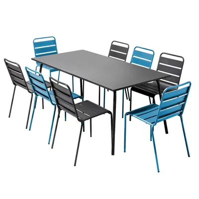 Image de Ensemble table de jardin et 8 chaises en métal gris et bleu pacific - Oviala Palavas