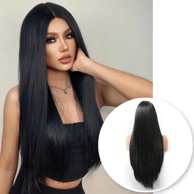 Produktbild von Schwarze Perücke - Langes glattes Haar - Damen perücken - Waschbar - Hochwertig - Langhaarperücken für Damen - 60cm