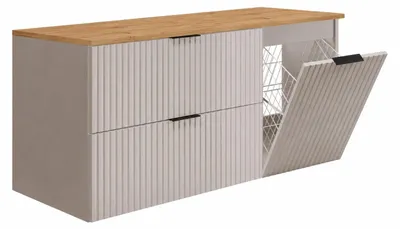 Obrázok produktu pre Sada kúpeľňových nábytkových prvkov s košíkom na bielizeň a doskou, s čiernymi úchytkami, šírka 120 cm, farba: kašmír