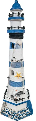 Produktbild von Deko-Leuchtturm Holz Fischernetz Seestern Seevögel Stein Segeln Maritime H:57cm