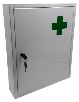 Produktbild von Relaxdays Medizinschrank, abschließbar, 5 Fächer, HxBxT: 43 x 35,5 x 8 cm, für Medikamente, Arzneischrank, weiß/ grün