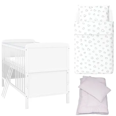 Produktbild von Baby-Delux Babybett Kinderbett Natalie Umbaubar 140x70 Weiß Bettset 4-Tlg Komplett Herzen Weiß Grau