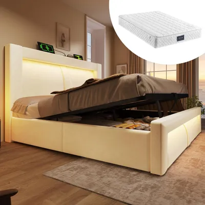 Produktbild von MODFU Jugendbett Doppelbett 140x200 mit LED-Beleuchtung und Stauraum Polsterbett mit USB und Typ-C-Anschluss Funktionsbett Bettgestell Kopfteil mit gebogenem Design mit Matratze Beige