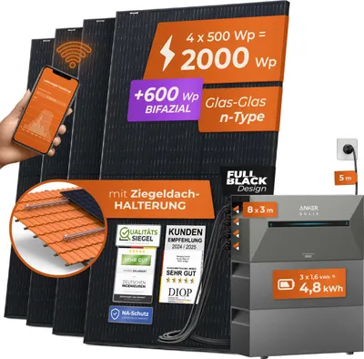 Produktbild von Solarway® All In One Balkonkraftwerk mit Anker Speicher 2000W komplett Steckdose - 4,8 kWh Anker Solix 2 PRO Speicher - Ziegeldach Halterung