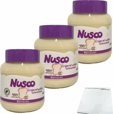 Produktbild von Nusco weiße Schokoladencreme Brotaufstrich mit 2,5% weißer Schokolade 3er Pack (3x400g Glas) + usy Block