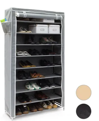 Zdjęcie produktu dla Szafka na buty Relaxdays VALENTIN, wys. x szer. x gł.: 161 x 88 x 30 cm, obicie z tkaniny, 10 półek, zamek błyskawiczny, na 45 par, antracyt