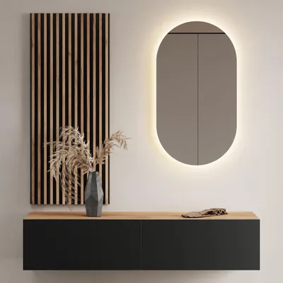 Produktbild von Flurgarderobe 140 cm mit Wandpaneele und Spiegel mit LED-Beleuchtung gold eiche / anthrazit