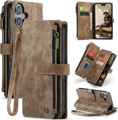 Image de Étui en cuir pour iPhone 17, étui en cuirPolyuréthaneavec fermeture à glissière, fermeture magnétique, pochette pour cartes, support, étui portefeuille Marron