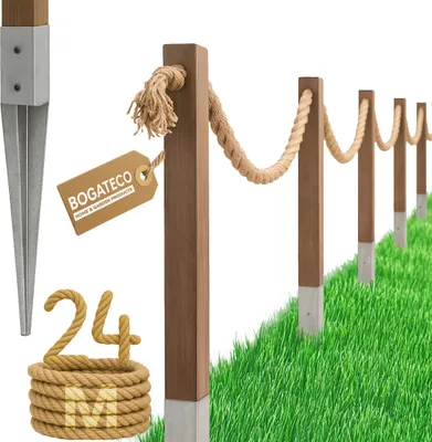 A product image showcasing a rope fence system with wooden posts and a metal stake, set against a white background and a grassy slope. A tag with the brand name and a coil of rope with the number '24' are also visible.