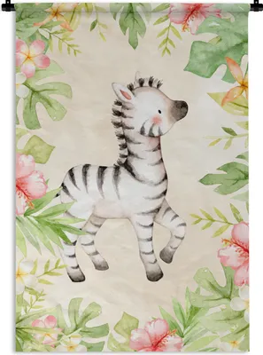 Produktbild von MuchoWow® Wandteppich Wandbehang Zebra - Dschungel - Aquarell 60x90 cm Tapisserie Dekoration Wandtuch - Foto-Teppich - Abwaschbar