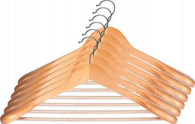 A stack of wooden clothes hangers with metal hooks, presented against a white background.