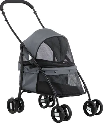 Produktbild von PawHut faltbarer Hunde-Kinderwagen, Haustier-Kinderwagen, Kinderwagen für kleine Hunde, mit Netzfenstern, waschbarem Kissen, Sicherheitsgurten und Stahlrahmen, Grau