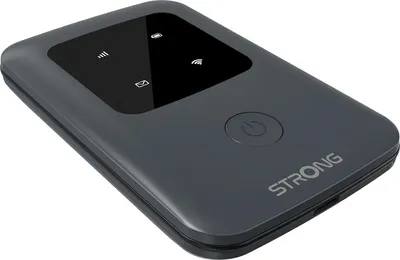 A dark gray mobile network router with a screen displaying icons and the brand name "STRONG" printed on its surface.
