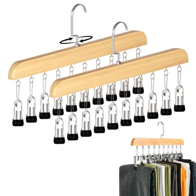 Holz-Hosenbügel 2er-Pack, 10 Antirutsch-Clips, platzsparend, drehbar