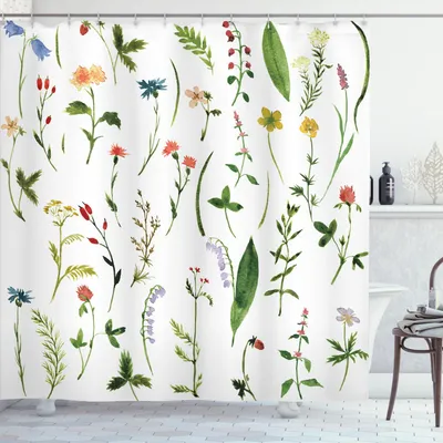 Produktbild von ABAKUHAUS Aquarell-Blumen Duschvorhang, Verschiedene Arten Von Blumen Mit Kräutern Unkraut Pflanzen Erde Elemente, 175 x 240 cm, Mehrfarbig