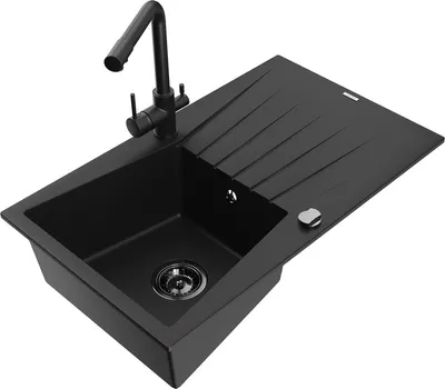 Produktbild von Mexen Cesar 1 Becken-Granitspüle mit Abtropffläche und Mischbatterie Duero, Schwarz - 6514-77-671600-70-B