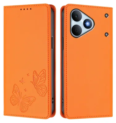 Image de Étui en cuir pour Realme Note 80, étui de protection type portefeuille en cuir gaufré papillon avec support, orange