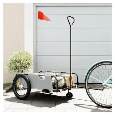 Produktbild von Fahrradanhänger aus robustem Oxford-Gewebe und pulverbeschichtetem Eisen, 135 x 68 x 37 cm, grau-schwarz, mit Sicherheitsflagge für Lastentransport und Einkäufe