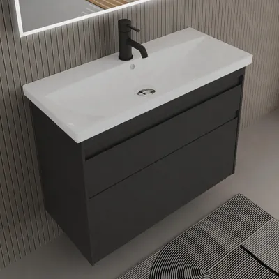 Produktbild von Alpenberger Badmöbel mit Keramik Waschbecken und Unterschrank - Softclose - Vormontiert - Hängender Waschtisch - 60/80/100/120 cm