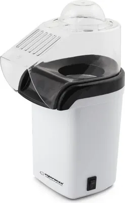 A white popcorn maker with a clear lid and black accents, positioned against a white background.