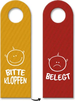Produktbild von Bitte klopfen oder belegt Türhänger mit Gesichtern in gelb-rot Büro Zimmertüre