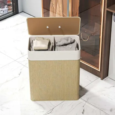 Zdjęcie produktu dla Kosz na pranie bambusowy z pokrywą, 2 komory, 100 l