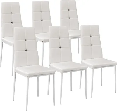 A set of six white dining chairs arranged in a studio setting against a white background.