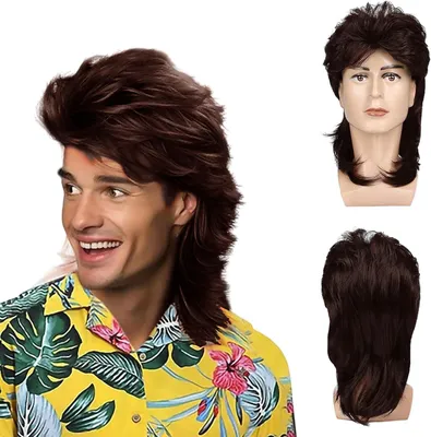 Produktbild von Braune Mullet Perücke, lange lockige 70er Jahre Stil, für Männer, für Karneval, Halloween und Partys