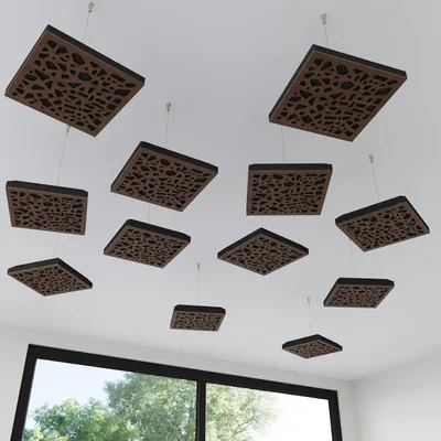 Obrázek produktu pro 4 ks – mini akustické stropní panely, 3D zvukové absorbéry k zavěšení, včetně závěsné sady, mini závěsné panely z HDF, 25 x 25 cm [ořech| P32-Mini]