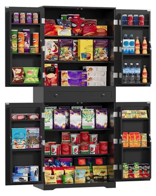 Image de Armoire de cuisine/buffet avec 12 étagères derrière les portes, étagères réglables, tiroirs, en MDF/panneau de particules, dimensions : 183 x 76 x 40 cm, couleur : noir
