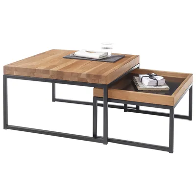 Produktbild von Couchtisch - Asteiche massiv - Schwarz - Metall - 2er Set