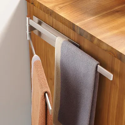 Image de Porte-serviettes sans perçage, double, pivotant à 180°, à deux bras, barre de serviette argent brossé, acier inoxydable 304, support mural autocollant pour salle de bain et cuisine, 39 cm