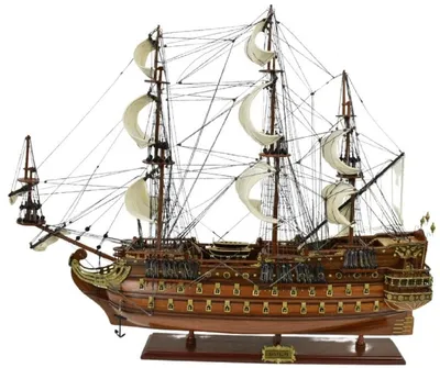 Produktbild von Casa Padrino Luxus Flaggschiff San Felipe Dunkelbraun / Braun / Messing 95 x 29 x H. 90 cm - Handgefertigtes Spanisches Deko Schiff - Holzschiff - Segelschiff - Kriegsschiff - Deko Accessoires