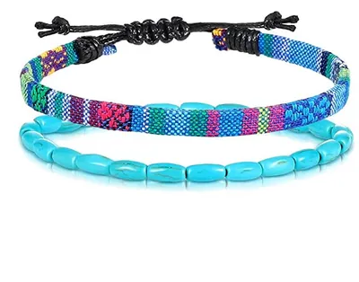 Produktbild von Made by Nami Boho Surfer-Armband 2er Set Herren & Damen - Handmade Strand Festival Accessoires - Azteken-Band Ethno Style - Männer Frauen Perlen-Armband