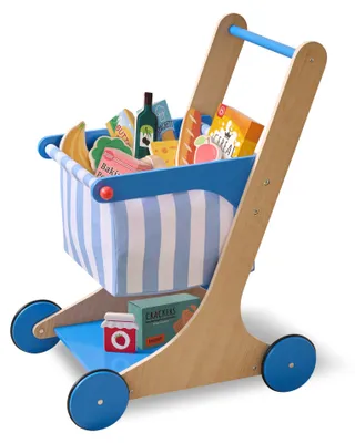 Produktbild von Teamson Kids Holz Einkaufswagen Spielzeug für Kinder mit Zubehör in Blau, Rollenspiel-Laden aus Holz zum Einkaufen und Spielen