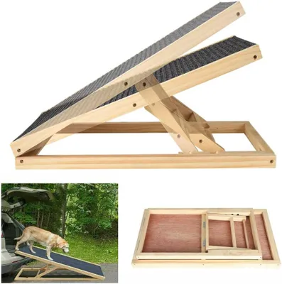 Produktbild von Hunderampe aus Holz, klappbare und tragbare Rampe für Hunde und Katzen für Sofa, Bett und Auto, rutschfeste Teppichoberfläche, 4-stufige höhenverstellbare Treppe für Haustiere