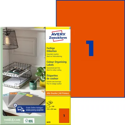 Produktbild von Avery Zweckform 3470, Farbige Etiketten, A4, 210 x 297 mm, 100 Etiketten / 100 Bögen, rot