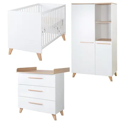Produktbild von roba Babyzimmer Set Leon 3-teilig Baby- & Beistellbett 60 x 120 cm Wickelkommode Kinderkleiderschrank 2-türig Weiß / Nachbildung Othello Eiche, 1011866