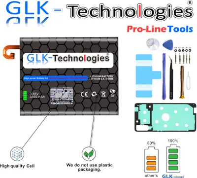 A collage of images showing a mobile phone battery, repair tools, and information about the product's quality and packaging.