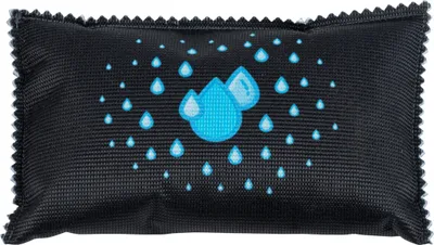 A black dehumidifier pillow with blue water drop graphics.