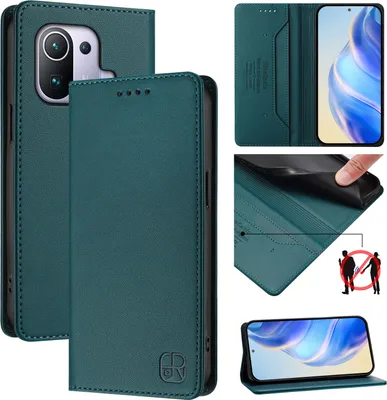Produktbild von Lederhülle für Xiaomi 11 Pro Hülle Flip Brieftasche Kartenfächern Ständer Schutzhülle Dunkelgrün