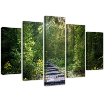 Produktbild von 5-teiliges leinwandbild weg im grünen wald 100x70 cm Feeby grün wandbild bereit zum aufhängen