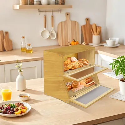 Produktbild von Brotkasten Bambus 2. Stock mit Fenster für Brot Brötchen Kuchen 40 x 33 x 20 cm Original Holzfarbe