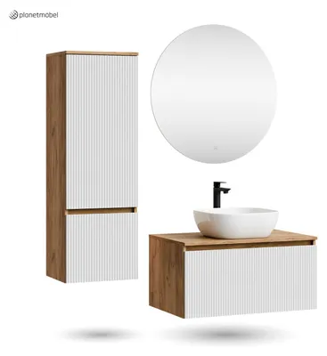 Produktbild von ARISA Badmöbel Set inkl. Hochschrank in Weiß Geriffelt – Mit Nova LED Spiegel und weißem Keramik-Aufsatzwaschbecken 42 cm